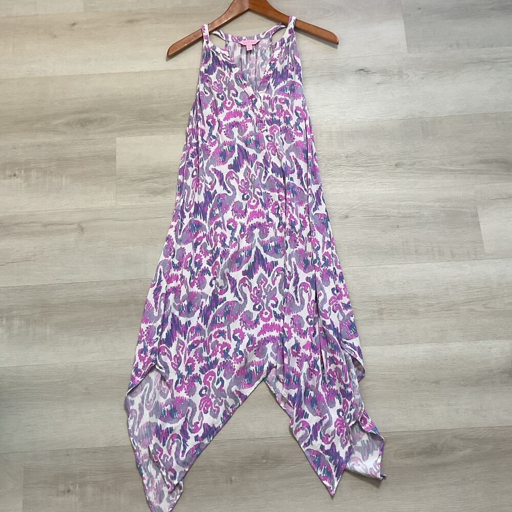 Sleeveless Pink & Purple Printed Handkerchief Hem Dress